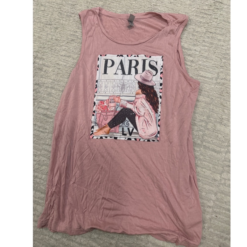 Passion-I Womens Pink Paris Girl Boss Rhinestone‎ Graphic Tank Top Size XL